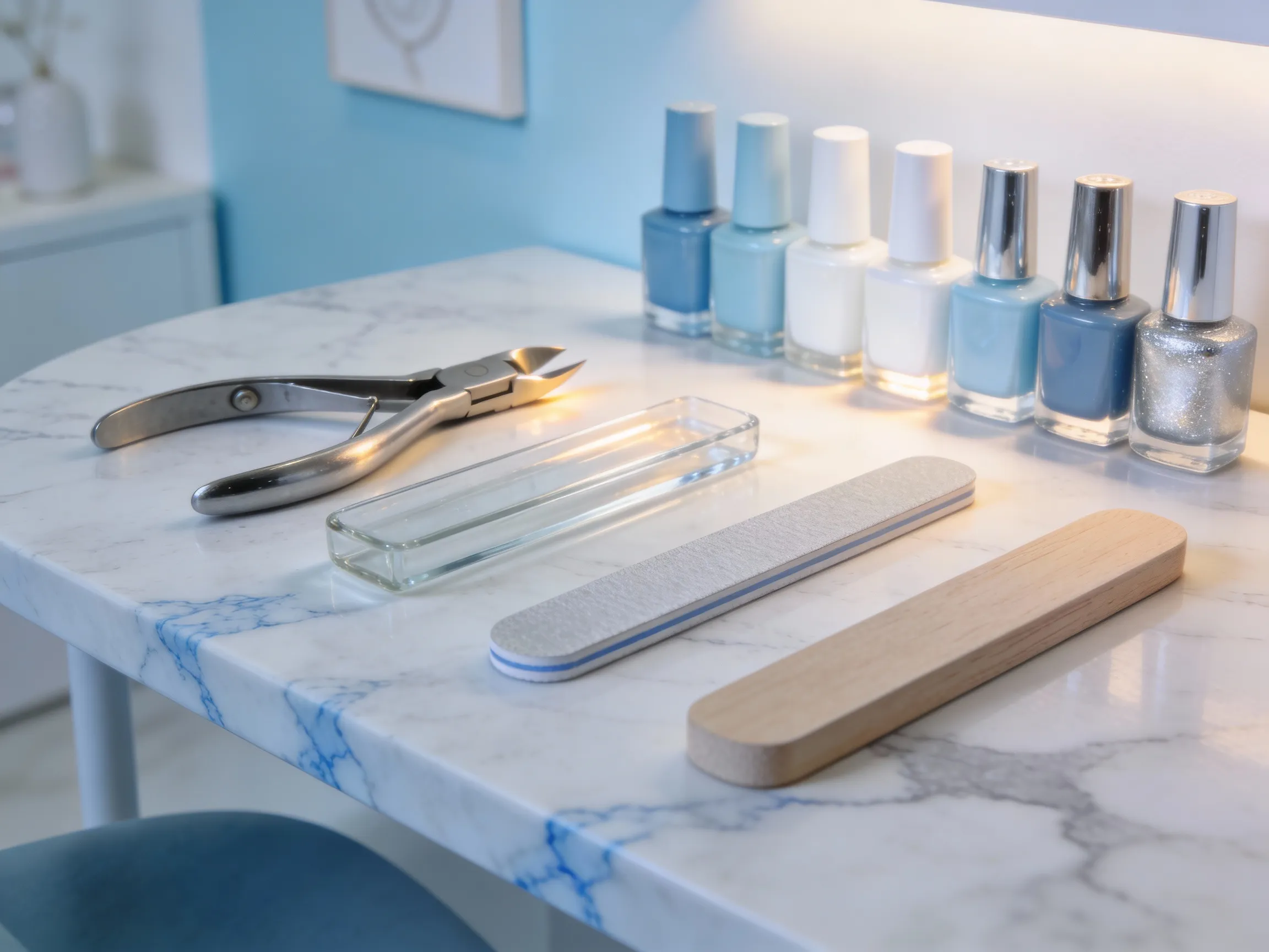 Manicure setup with tools and polish